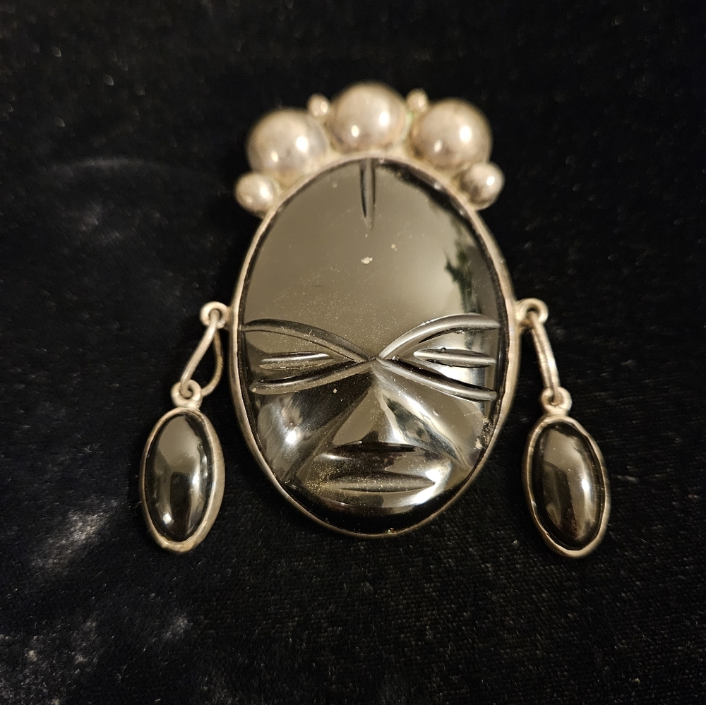 Vintage Sterling Silver & Carved Onyx  Tribal Mask Brooch/Pin Taxco Mexico Rare!